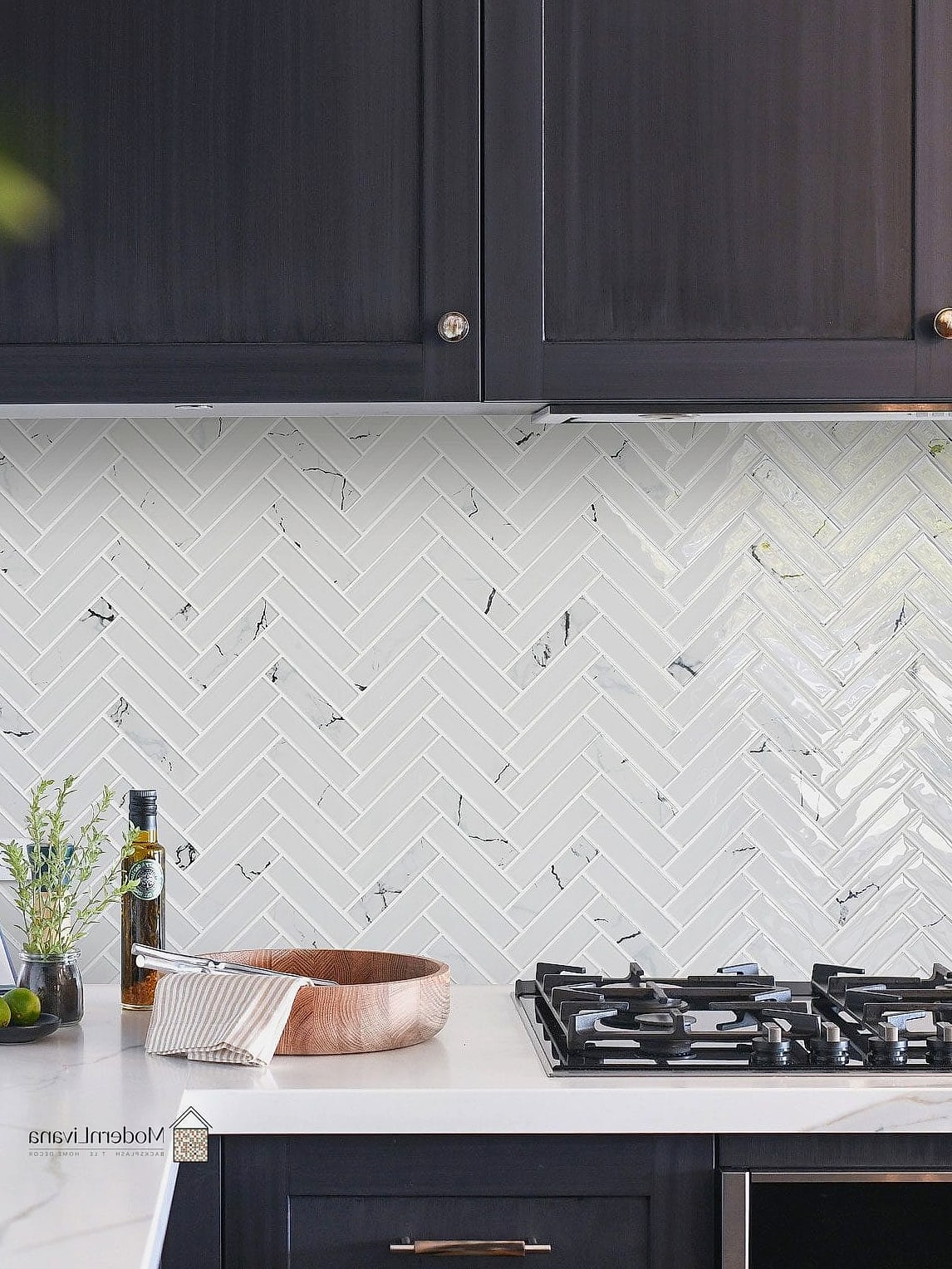 White Carrara Marble Chevron Backsplash with Classic Cabinets