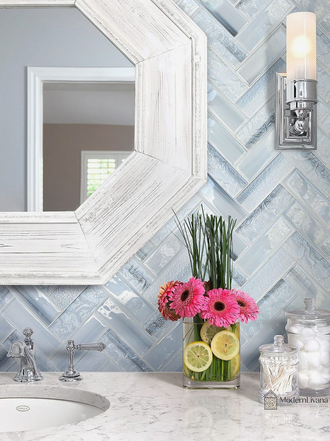 22 White Chevron Backsplash Ideas That Maximize Style and Function 16 15. White Chevron Bathroom Vanity Backsplash