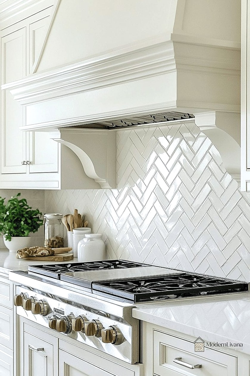 22 White Chevron Backsplash Ideas That Maximize Style and Function 17 16. White Chevron Backsplash with Brass Hardware