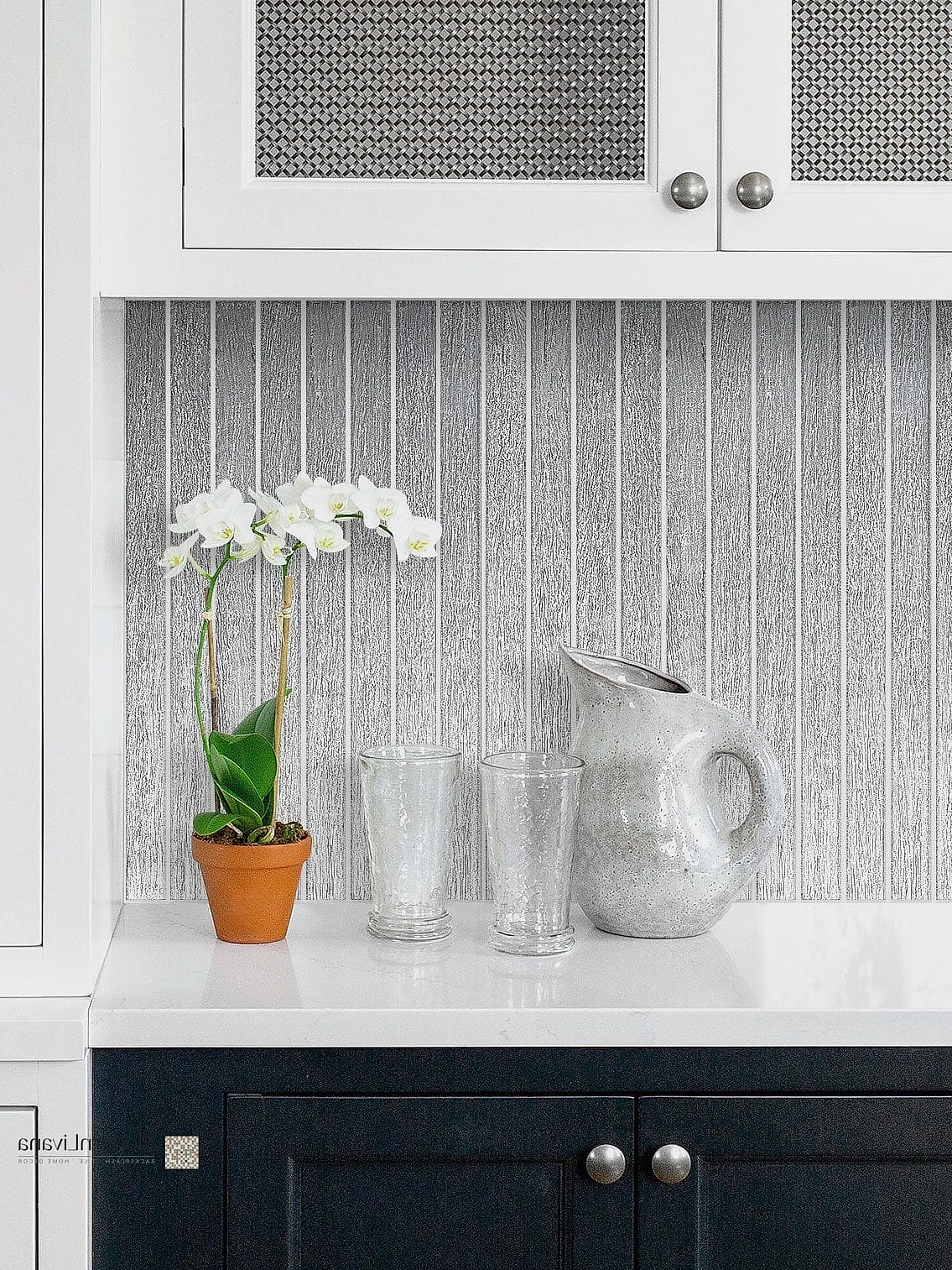 White Glass Tile with Brushed Brass Accents