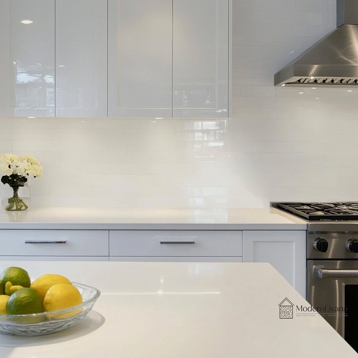 White Glass Tile Extending to the Ceiling