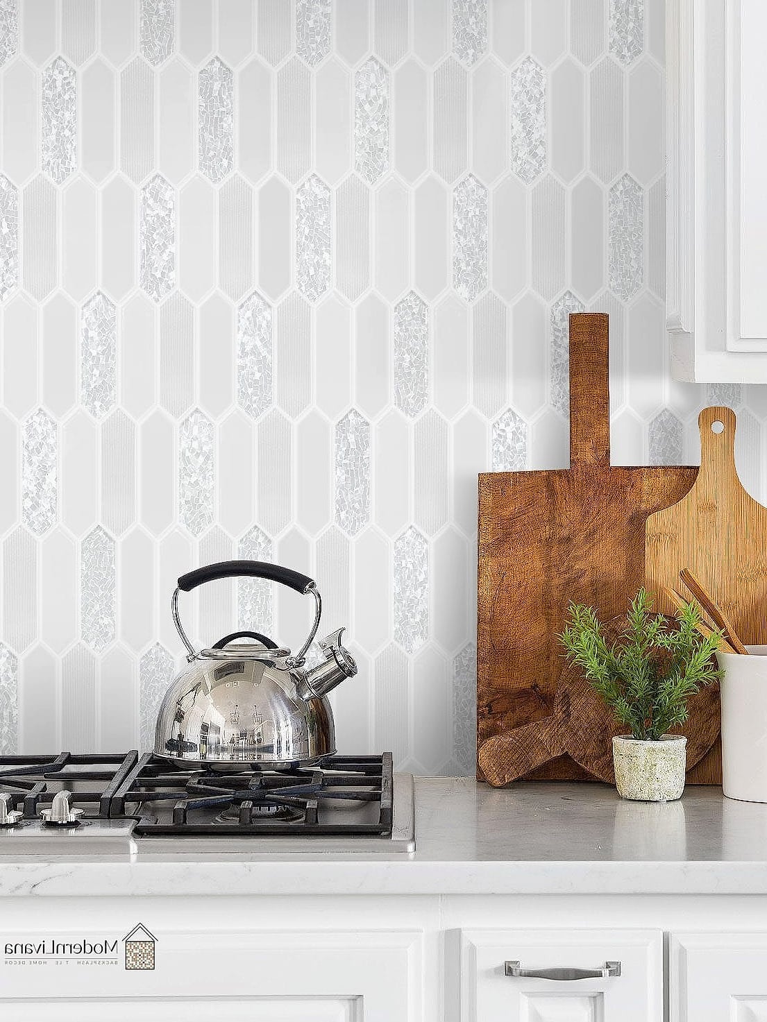 White Glass Tile Paired with Matte Black Fixtures