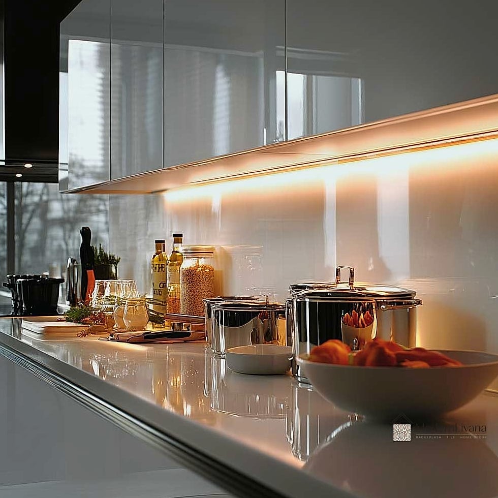White Glass Backsplash with Under-Cabinet Lighting