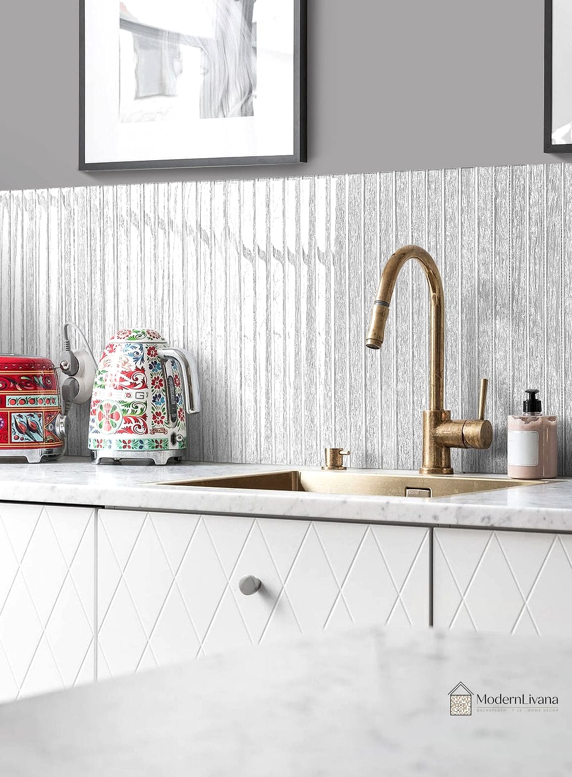 White Glass Tile with a Marble-Look Countertop