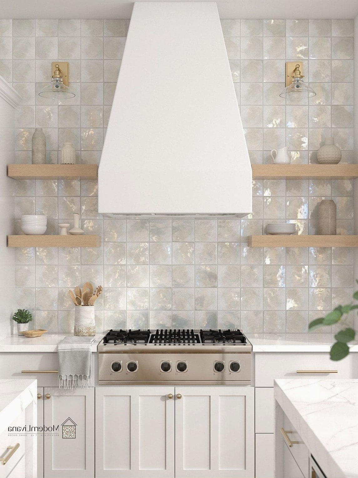 White Glass Tile with Warm Wood Open Shelves