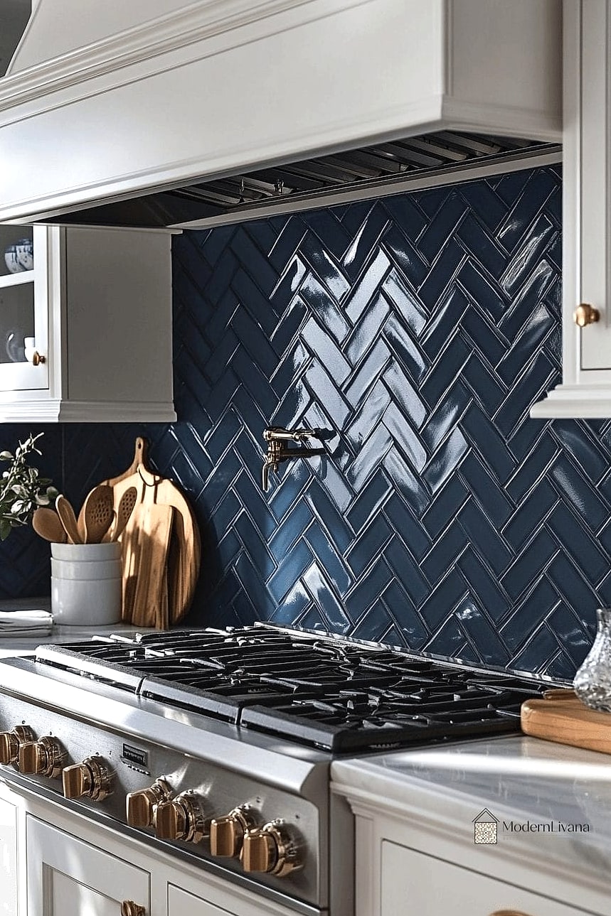 White Herringbone with Warm Wood Cabinets