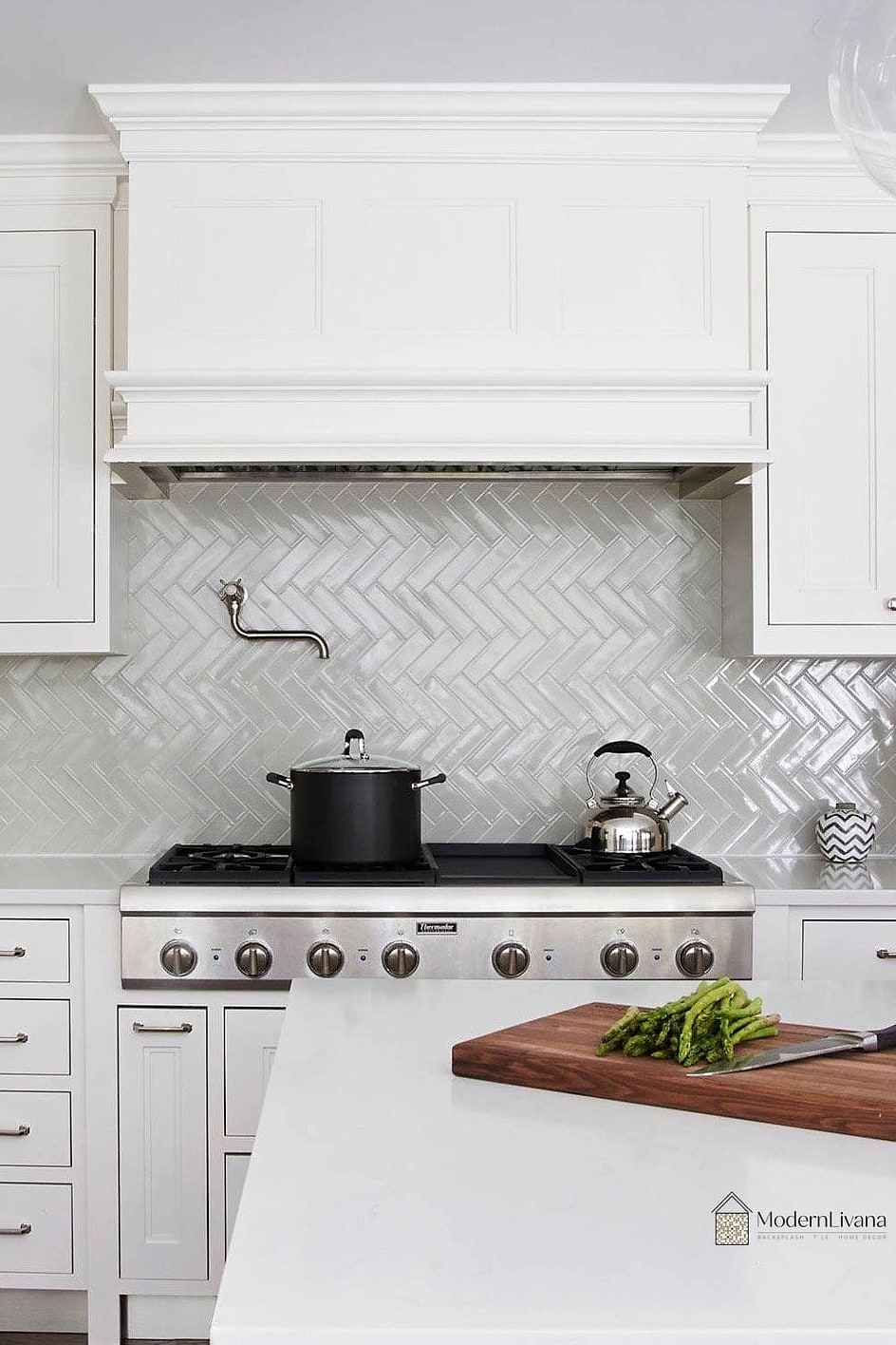 20 White Backsplash Ideas That Will Transform Your Space 6 White Herringbone Tile Pattern