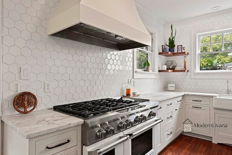 White Hexagon Behind Floating Shelves