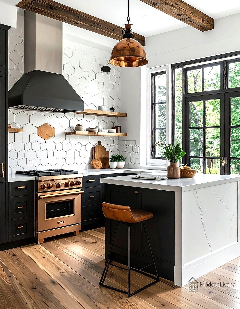 White Hexagon with Open Wood Cabinets
