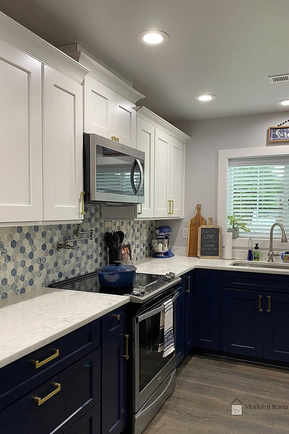 White Hexagon with Navy Cabinets