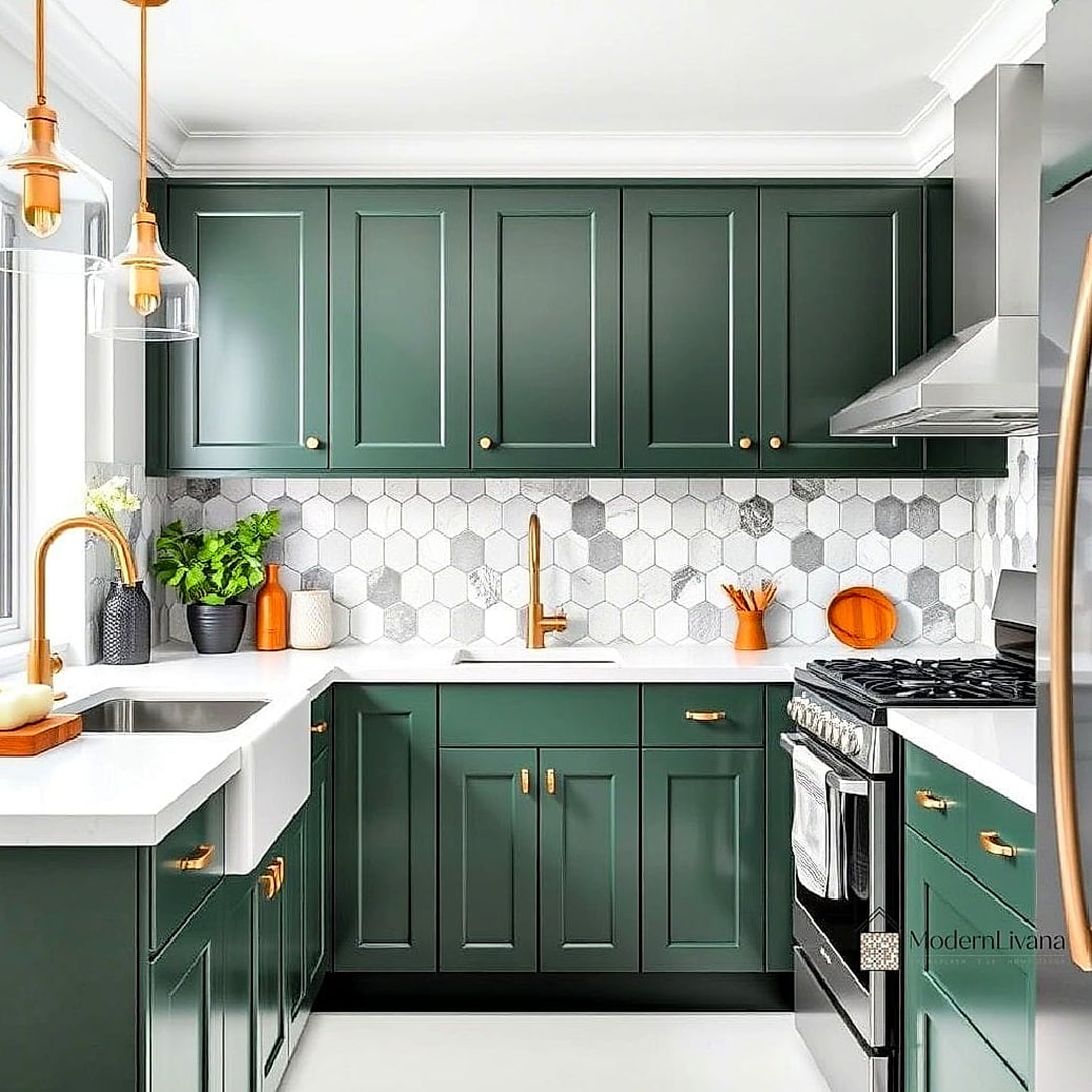 White Hexagon with Green Cabinets