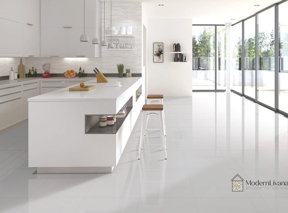 White Kitchen with Porcelain Tile Floors