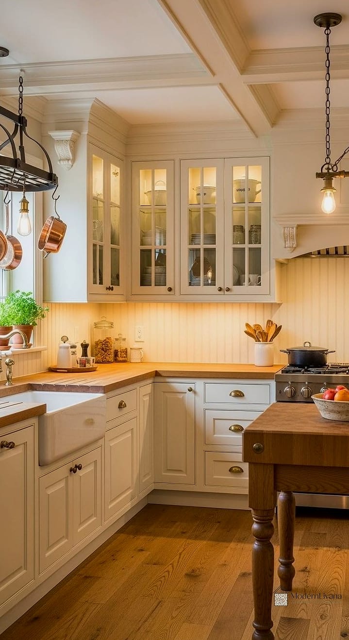 White Kitchens with Warm Wood Open Shelving