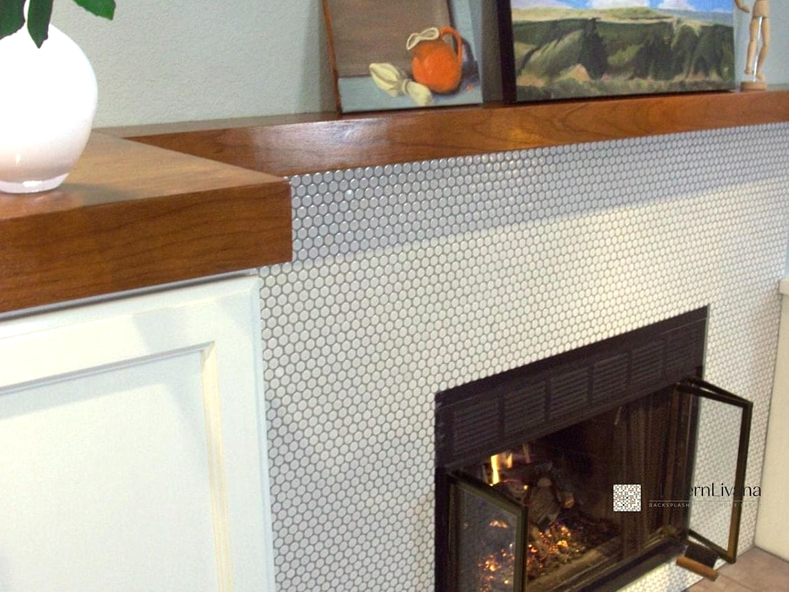 White Penny Tile Fireplace Surround