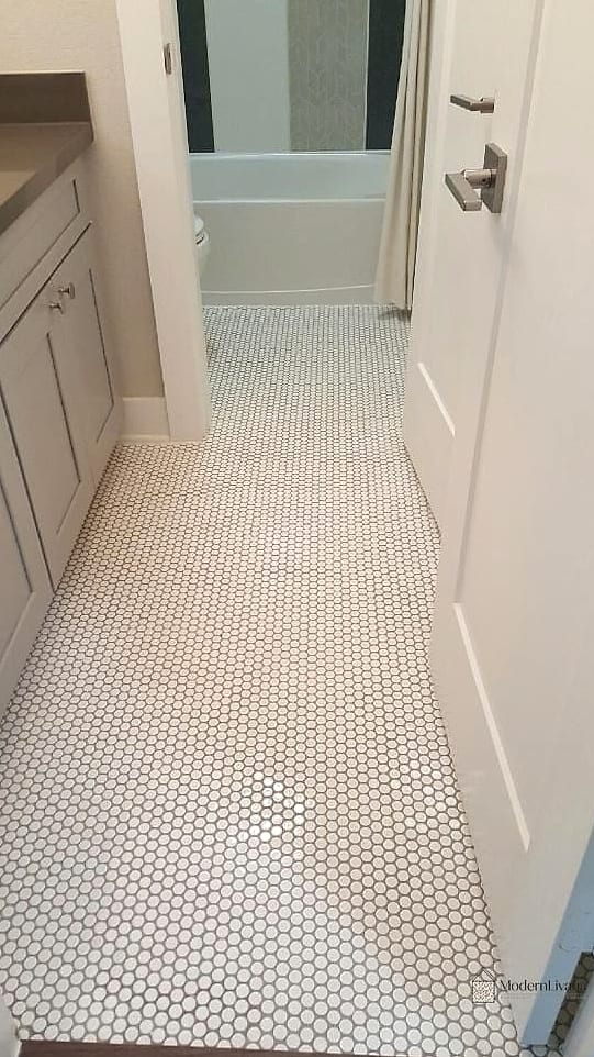 White Penny Tile Laundry Room Floor