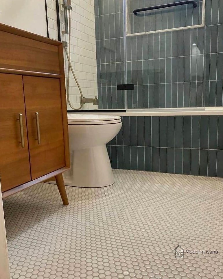 White Penny Tile Around a Freestanding Tub