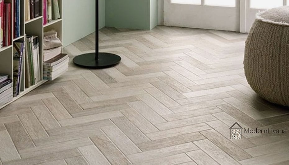 White Porcelain Tile in a Herringbone Pattern