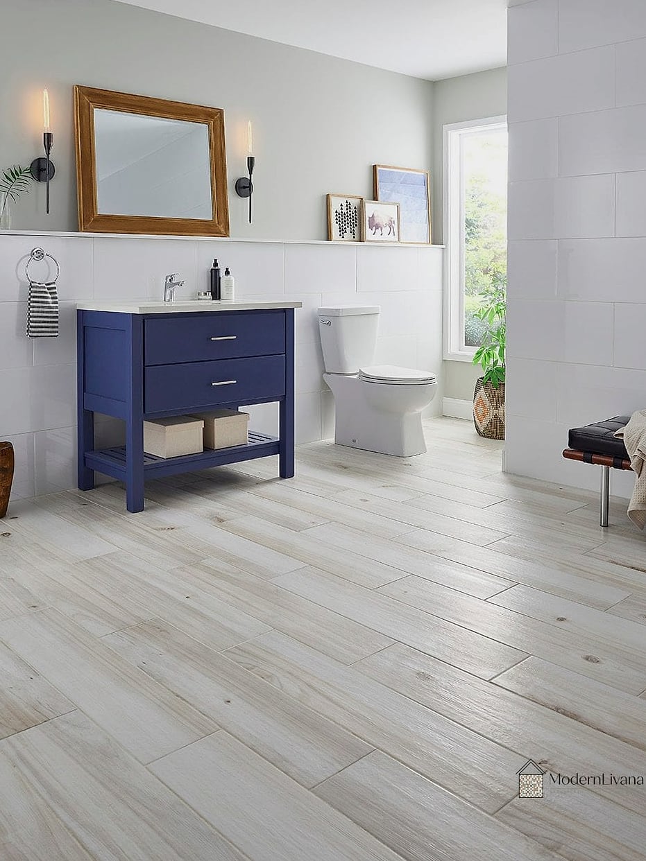 White Porcelain Tile with Warm Wood Cabinets
