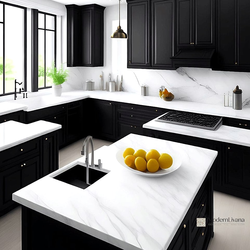 27 White Quartz Backsplash Ideas for Every Home Style and Budget 13 White Quartz with Black Cabinets