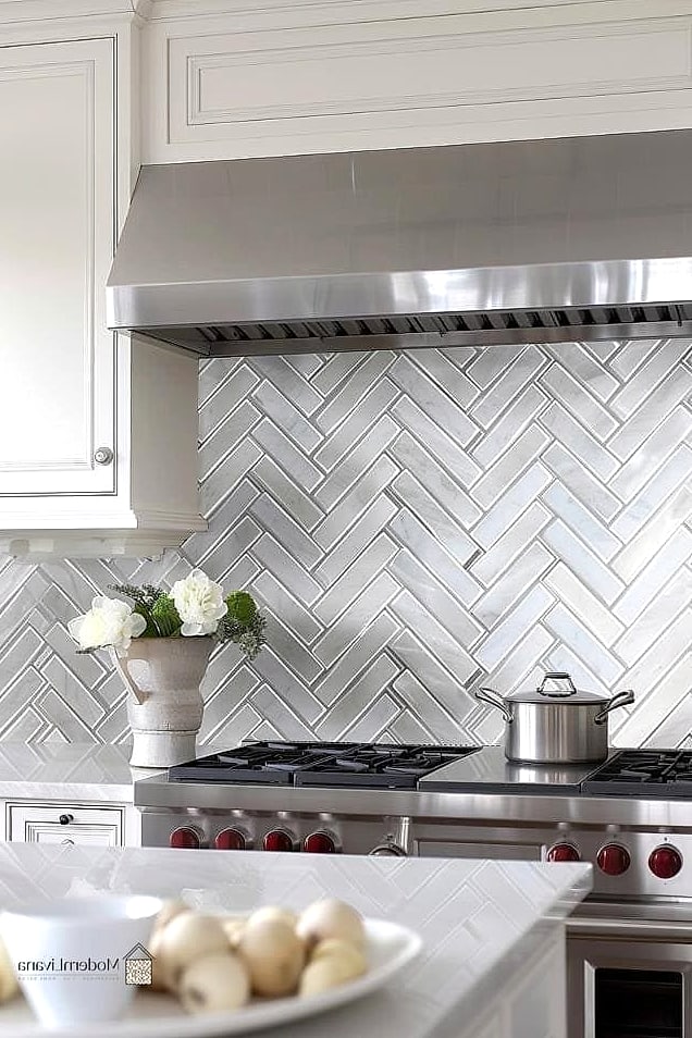 White Subway Tile in a Herringbone Pattern