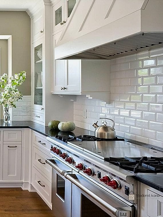 White Subway Tile Kitchen Backsplash with Open Shelving