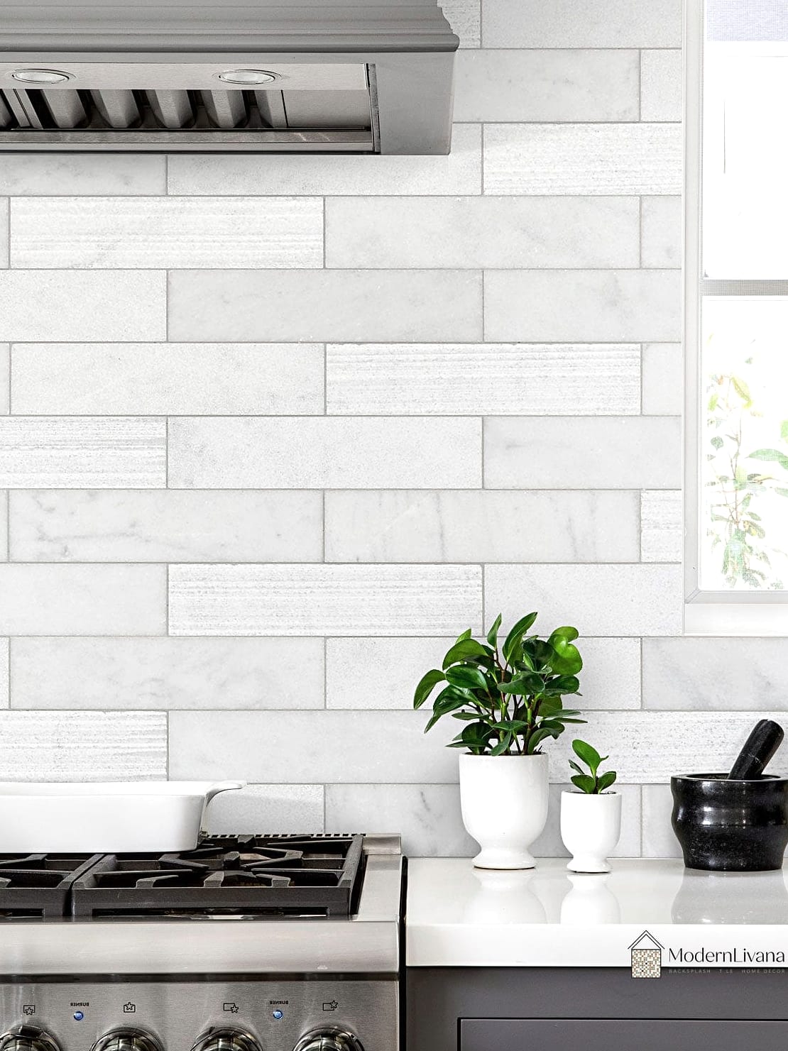 White Subway Tile with Marble Accents