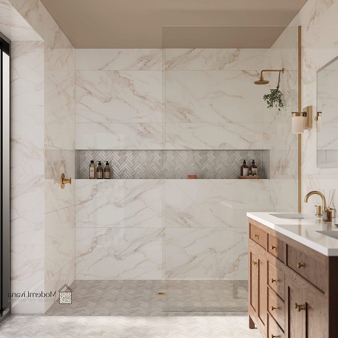 White Tile Shower Niche with Contrast Trim
