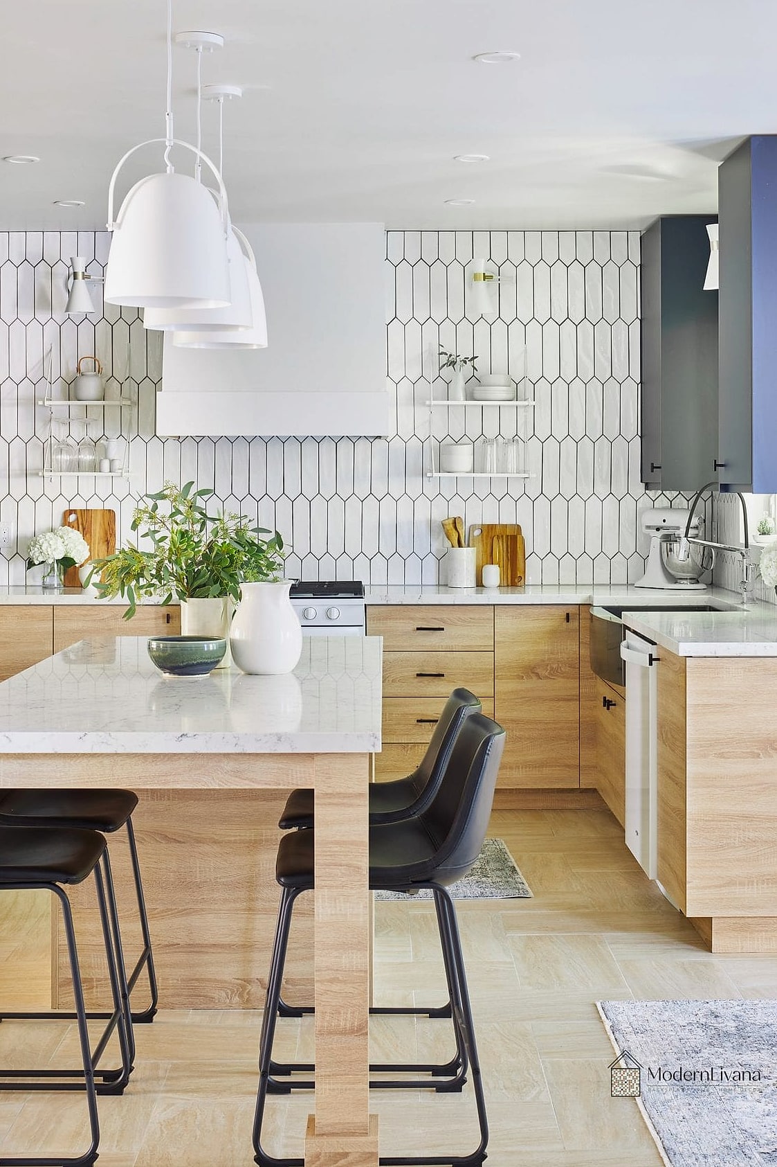 Wood-Look Elongated Hexagon Tile Kitchen Accent