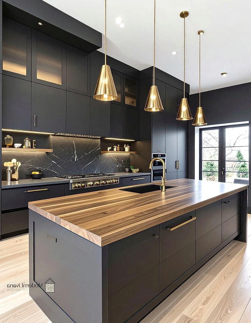 All-Black Kitchen with Warm Lighting