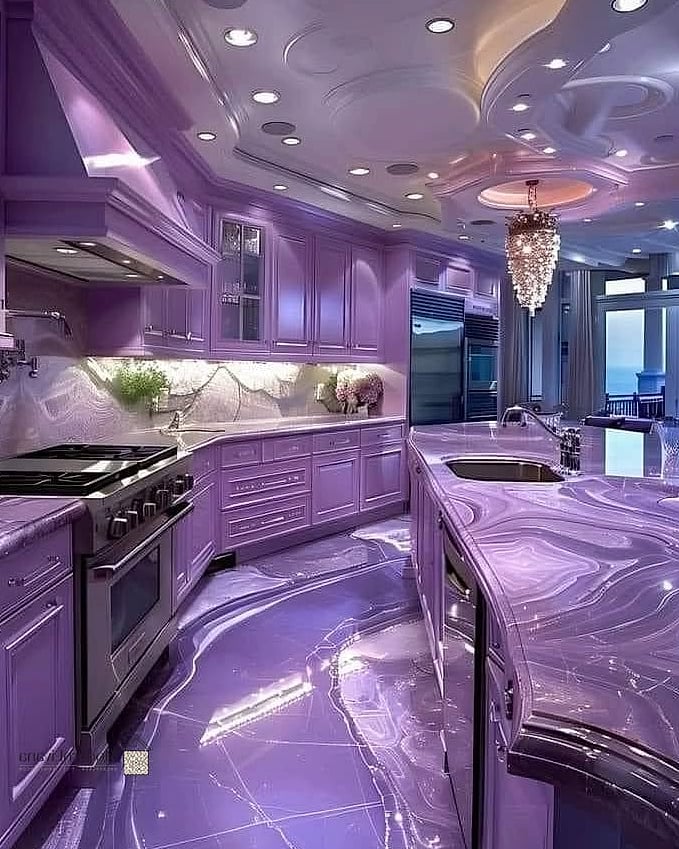 29 Purple Kitchen Ideas That Are Stylish and Practical 16 Amethyst Accent Wall Behind Open Shelving