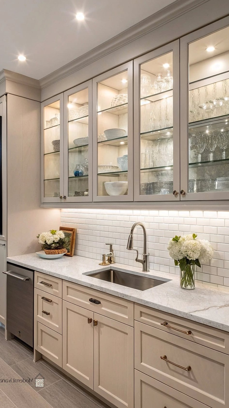 23 Beige Kitchen Ideas That Work in Any Size Home 18 Beige Cabinets with Glass-Front Uppers