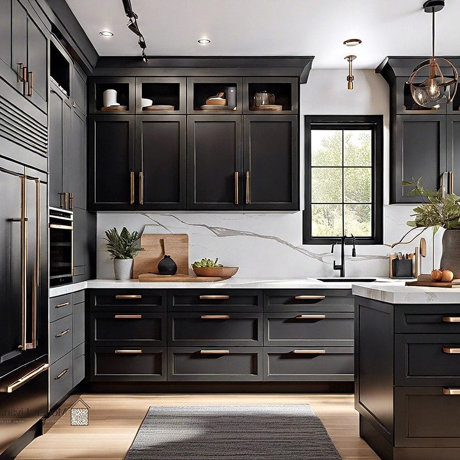 Black Cabinets with Two-Tone Hardware Placement