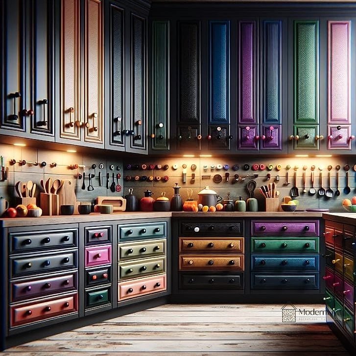Black Cabinets with Colorful Ceramic Knobs