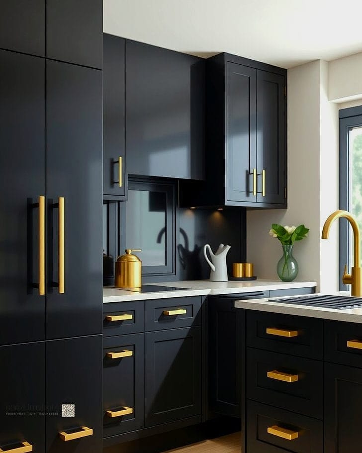Black Cabinets with Gold Cup Pulls
