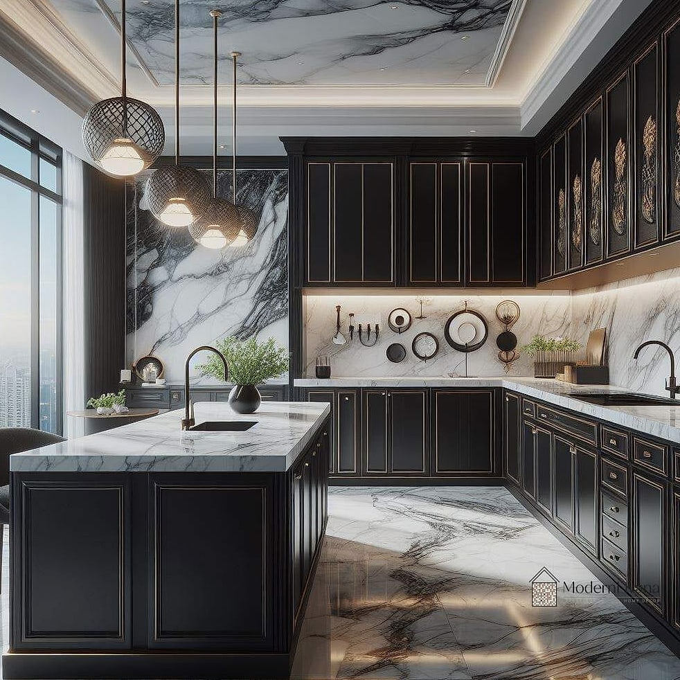 Black Cabinets with White Marble Countertops and Veining