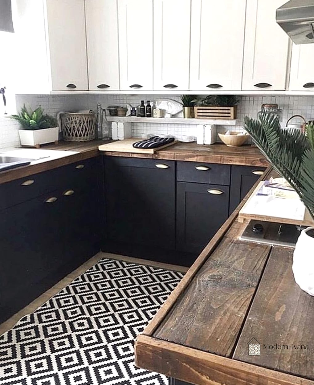 Black Cabinets with White Butcher Block Countertops
