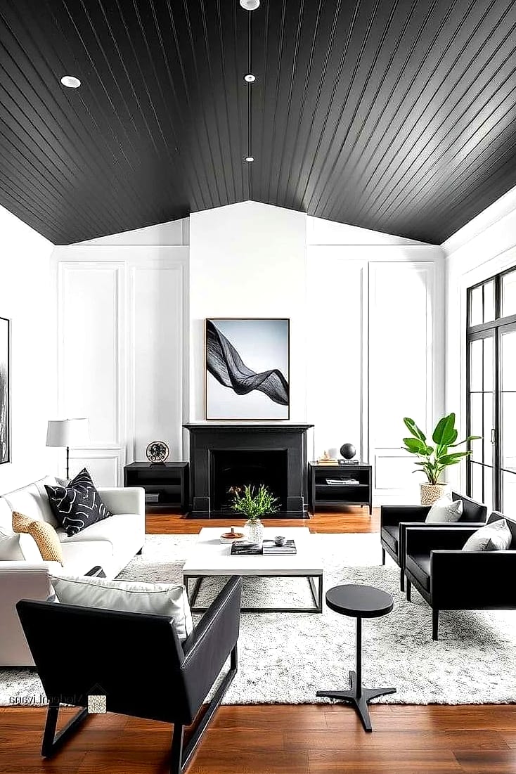 Black Cabinets with White Beadboard Ceiling Detail