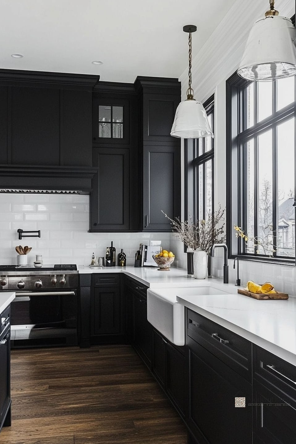 Black Cabinets with White Board and Batten Kitchen Island