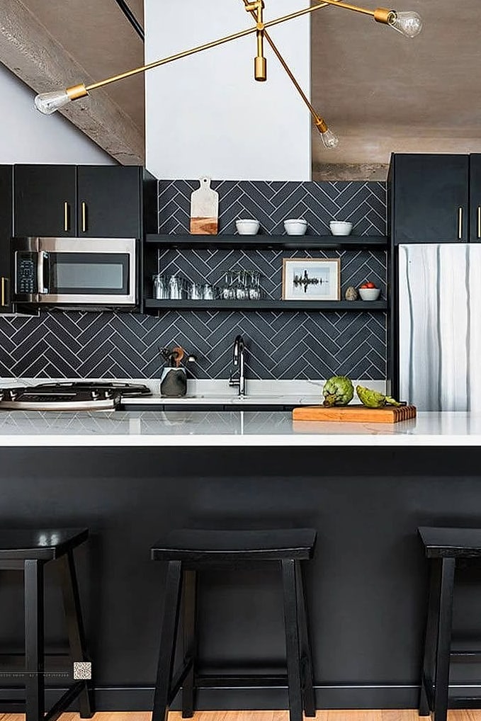 27 Black Cabinets Ideas Trending on Pinterest This Year 21 Black Cabinets with Herringbone Backsplash Tile