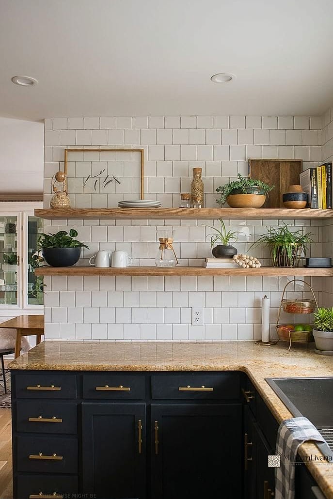 Black Cabinets with Open Shelving
