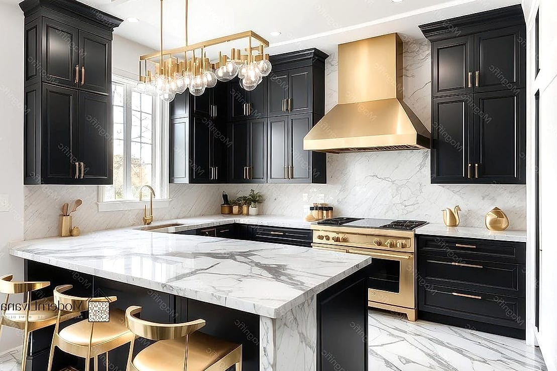 Black Cabinets with Gold Accents