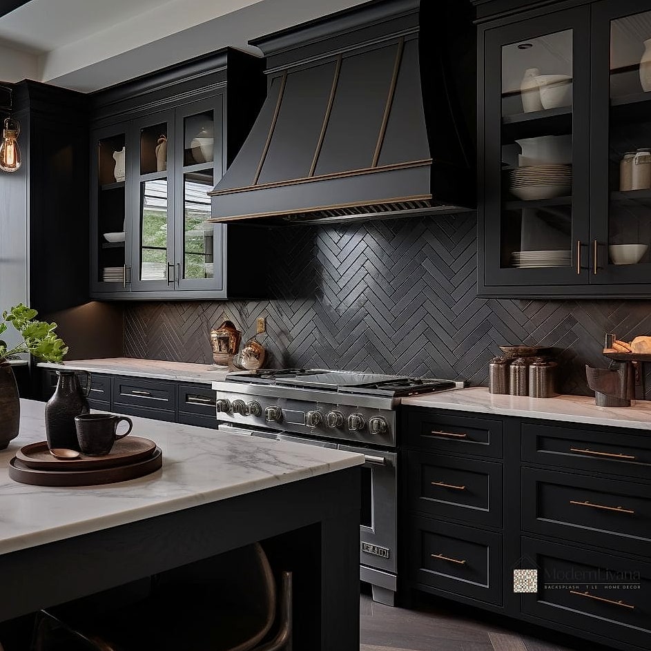 Black Cabinets with a Herringbone Backsplash