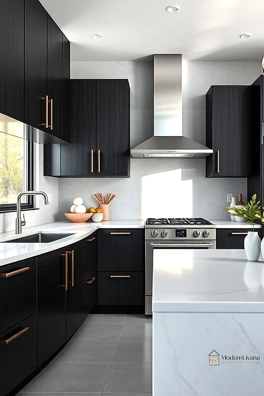 Black Cabinets with Textured Tile