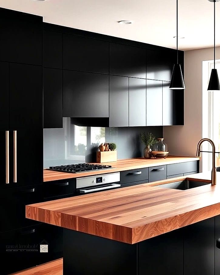 Black Cabinets with Floating Wood Shelves