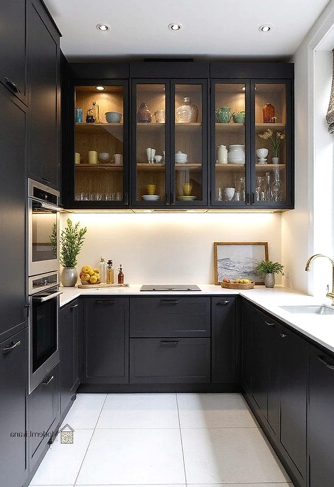 Black Cabinets with Glass-Front Doors