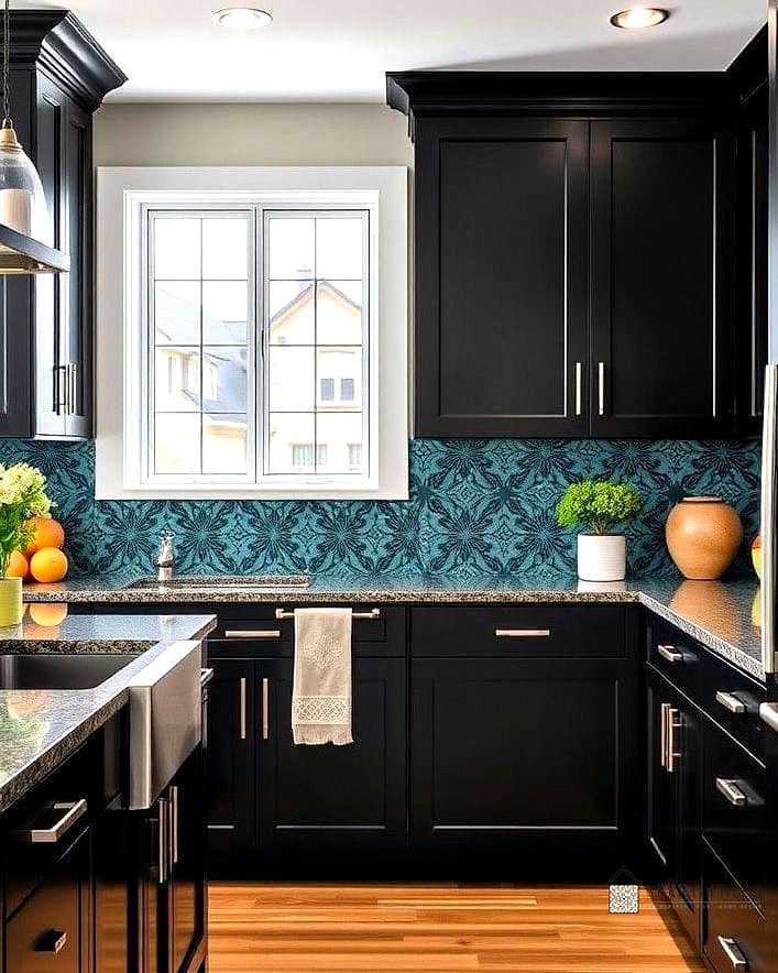 Black Cabinets with a Bold Backsplash