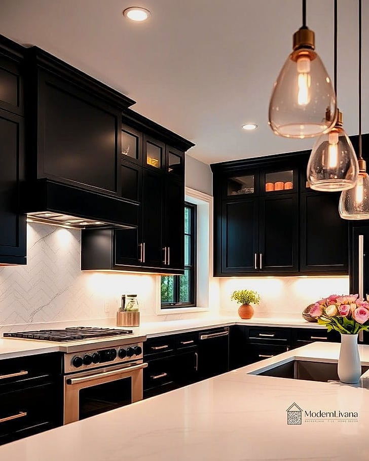 Black Cabinets with Under-Cabinet Lighting