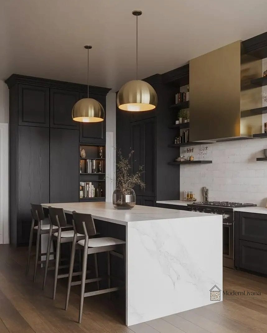 Black Cabinets with A Waterfall Island