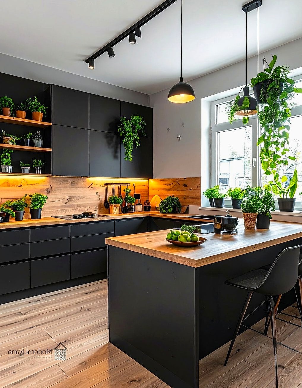 Black Cabinets with Greenery and Warm Accents