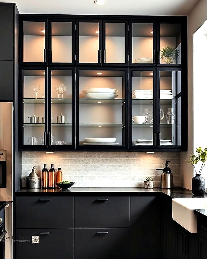 30 Black Kitchen Ideas You'll Want to Save Right Now 28 Black Cabinets with Glass-Front Doors